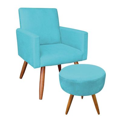 Kit Poltrona E Puff Redonda e Azul Turquesa
