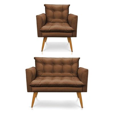Kit Poltrona E Namoradeira 2 Lugares Olivia Suede Marrom