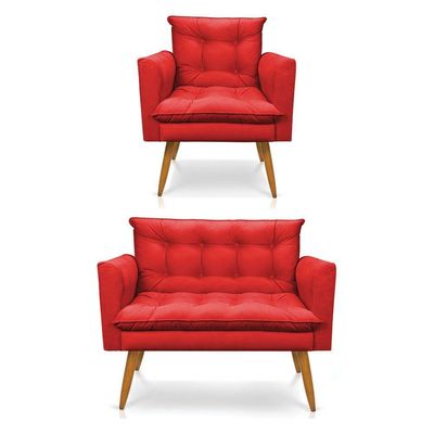 Kit Poltrona E Namoradeira 2 Lugares Olivia Suede Vermelho