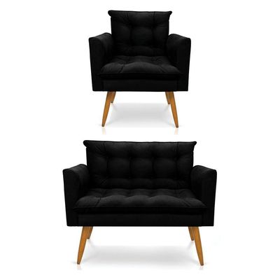 Kit Poltrona E Namoradeira 2 Lugares Olivia Suede Preto