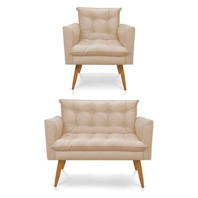 Kit Poltrona E Namoradeira 2 Lugares Olivia Suede Bege