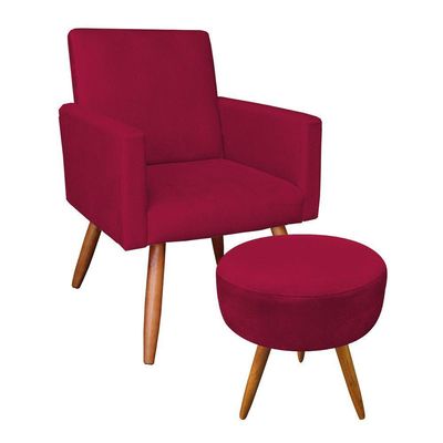 Kit Poltrona/Puff Redonda Veludo Vermelho