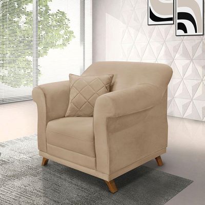 Poltrona Para Sala De Estar Suede Pés Castanho Bege