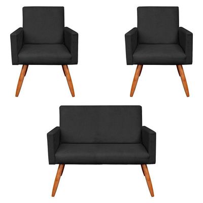 Kit 2 Poltronas/Namoradeira Veludo Pés Palito Castanho Preto