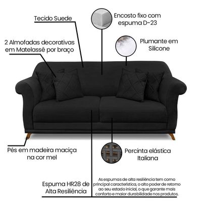 Kit Poltrona E Sofá 2 Lugares 1,80m Suede Pés Castanho Preto