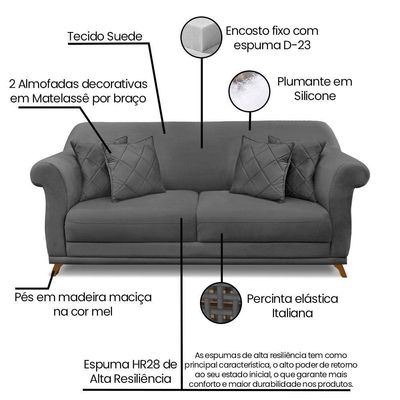 Kit Poltrona E Sofá 2 Lugares 1,60m Suede Pés Castanho Cinza