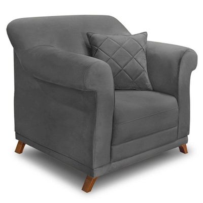 Kit Poltrona E Sofá 2 Lugares 1,60m Suede Pés Castanho Cinza