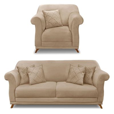 Kit Poltrona E Sofá 2 Lugares 1,60m Suede Bege Pés Castanho