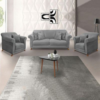 Kit 2 Poltronas E Sofá 1,80m Cinza Grafite Pés Castanho