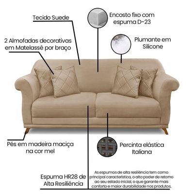 Kit Poltrona E Sofá 2 Lugares 1,80m Suede Pés Castanho Bege