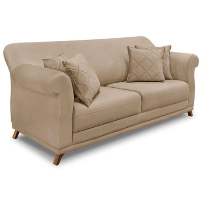 Kit Poltrona E Sofá 2 Lugares 1,80m Suede Bege Pés Castanho
