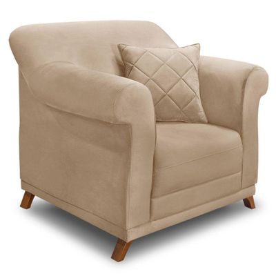 Kit Poltrona E Sofá 2 Lugares 1,80m Suede Bege Pés Castanho