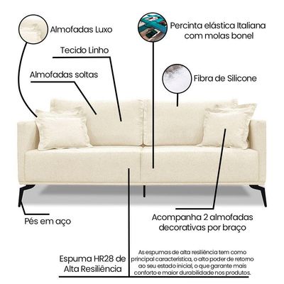 Kit Poltrona E Sofá 2 Lugares 1,60m Bege Pés Metálicos