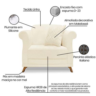 Kit 2 Poltronas E Sofá 2 Lugares 1,60m Bege Pés Castanho