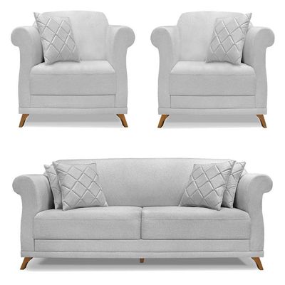 Kit 2 Poltronas E Sofá 2 Lugares 1,60m Cinza Pés Castanho