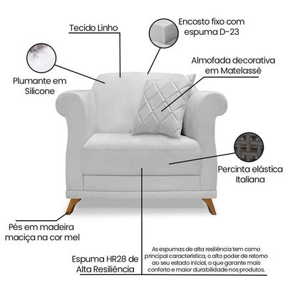 Kit 2 Poltronas E Sofá 2 Lugares 1,60m Cinza Pés Castanho