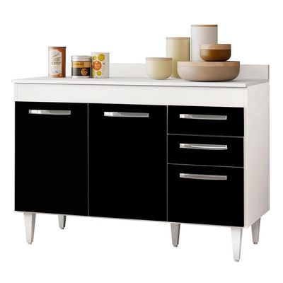 Balcão De Pia Com Tampo Suécia 120Cm 03 Portas Branco Preto