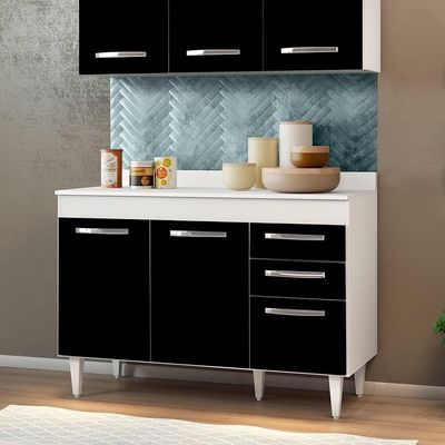 Balcão De Pia Com Tampo Suécia 120Cm 03 Portas Branco Preto
