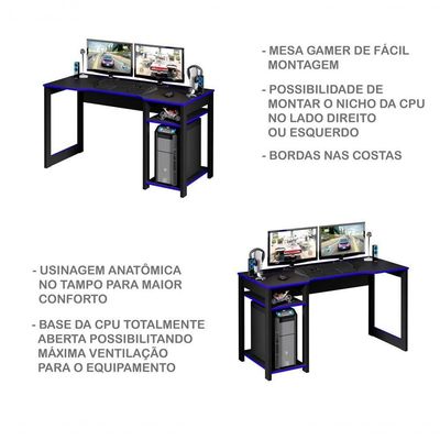 Mesa Para Computador Gamer Me4152 Preto Azul Preto Azul