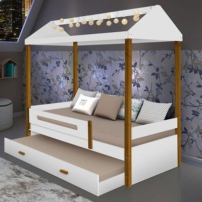 Cama Casa Sara Branco/mel Com Cama Auxiliar 2 Colchões e Led