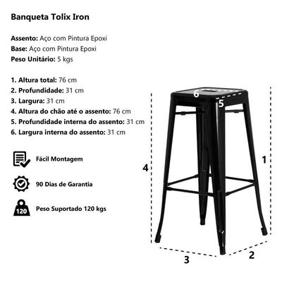 3 Banquetas Tolix Iron Design Industrial Preta 76 Cm Aço