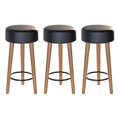 Kit 03 Banquetas Baixa Estofada Pés De Madeira Preto