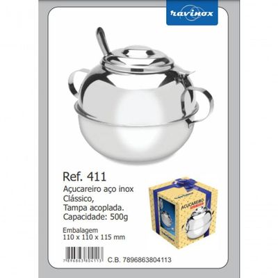 Açucareiro Aço Inox Com Tampa E Colher 500g Ravinox 000411