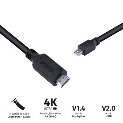 Cabo Mini Displayport Macho para HDMI 2.0 Macho 2 Metros - PMDPH4K-2