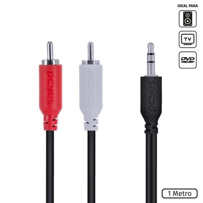 Cabo de áudio 2 RCA Macho para P2 3.5MM Macho 28AWG Puro Cobre 1 Metro - P2R35-1