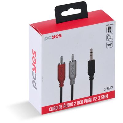 Cabo de áudio 2 RCA Macho para P2 3.5MM Macho 28AWG Puro Cobre 1 Metro - P2R35-1