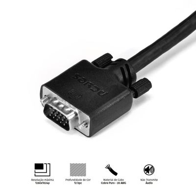 Cabo de Vídeo VGA 15 Pinos Macho para VGA 15 Pinos Macho 28AWG Puro Cobre 3 Metros - PVM15-3