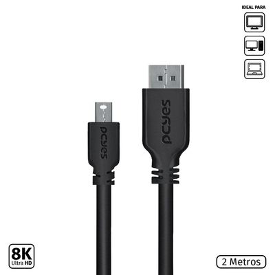 Cabo Mini Displayport Macho para Displayport Macho V.1.2 28AWG Puro Cobre 2 Metros - PMDDPM-2