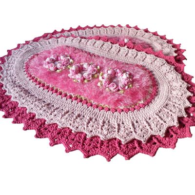 Tapete de Luxo crochê Artesanal Branco com Flor rosa