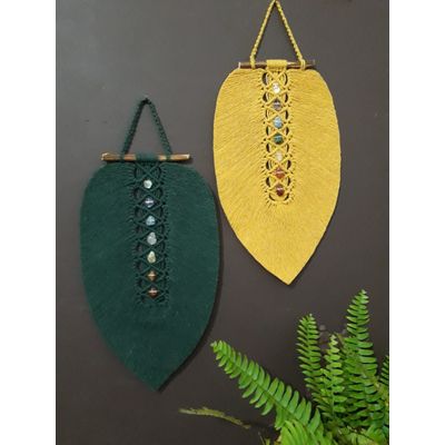 Painel Folha macramê verde amarela 7 pedras 2 un