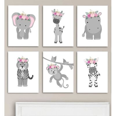 Quadro Infantil Safari rosa 6 un A4 vidro e pendurador