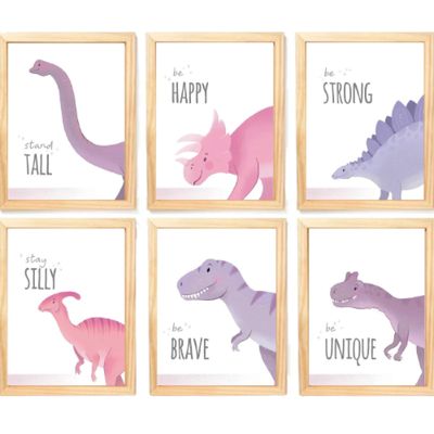 Quadro Infantil Dinossauro rosa 6 un A4 vidro e pendurador