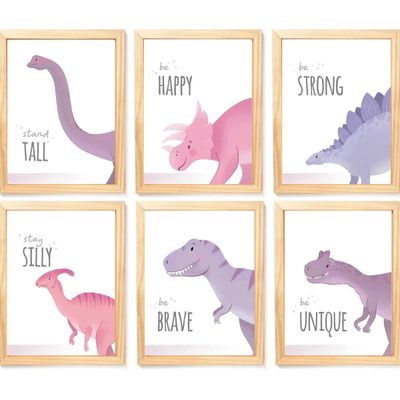 Quadro Infantil Dinossauro rosa 6 un A4 vidro e pendurador