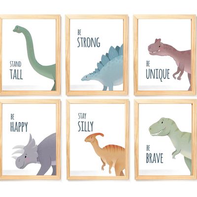 Quadro Infantil Dinossauro 6 un A4 vidro e pendurador