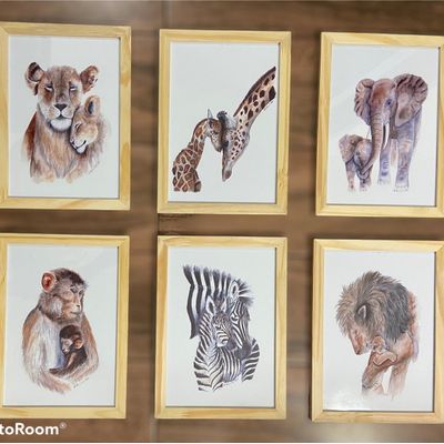 Quadro Infantil Safari 6 un A4 vidro e pendurador