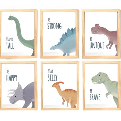 Quadro Infantil Dinossauro 6 un A4 vidro e pendurador