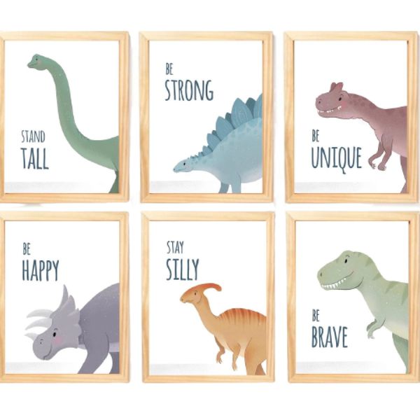 Quadro Infantil Dinossauro 6 un A4 vidro e pendurador