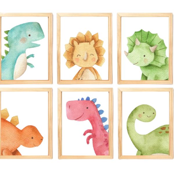 Quadro Infantil Dinossauro 6 un A4 vidro e pendurador