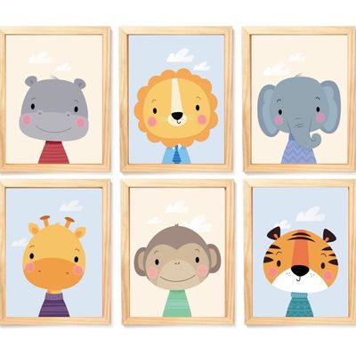 Quadro Infantil Safari 6 un A4 vidro e pendurador