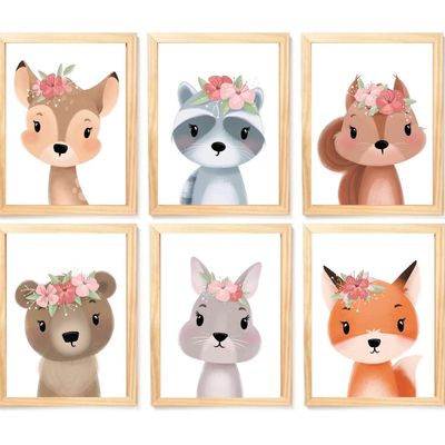 Quadro Infantil Safari Flor 6 un A4 vidro e pendurador