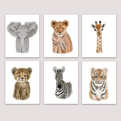 Quadro Infantil Safari 6 un A4 vidro e pendurador