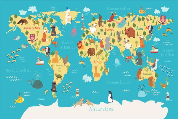 Quebra cabeça mapa mundi ilustrativo - 98 x 51 45 peças
