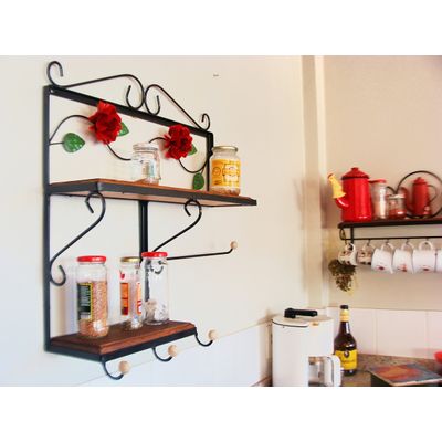 Prateleira Cozinha Dupla Ferro Preta madeira 60x60