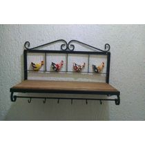 Prateleira cozinha Ferro Galinhas madeira 60 cm largura