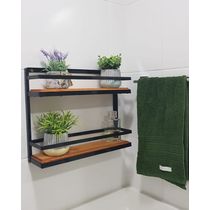 Prateleira Ferro Dupla Preta madeira 2 andares 40 cm altura