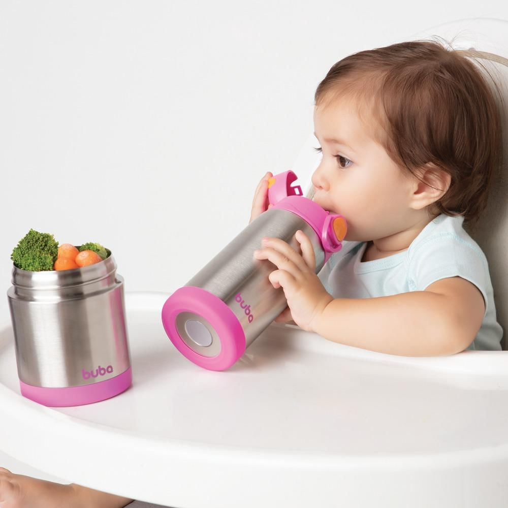 Copo Térmico Inox Parede Dupla com Canudo Buba Rosa